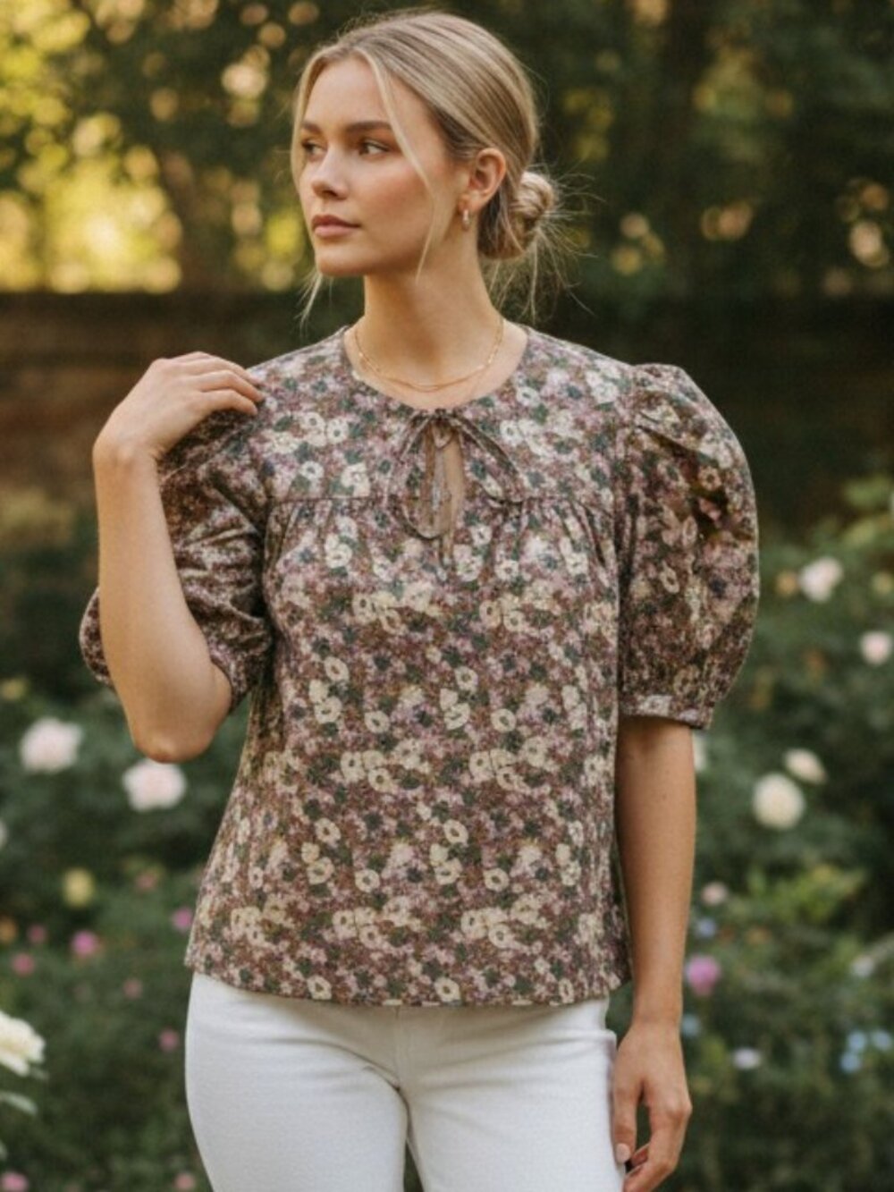 Hyacinth House Floral Puff Sleeve Blouse Cotton Lined XXS NWT Tuckernuck - Picture 3 of 8